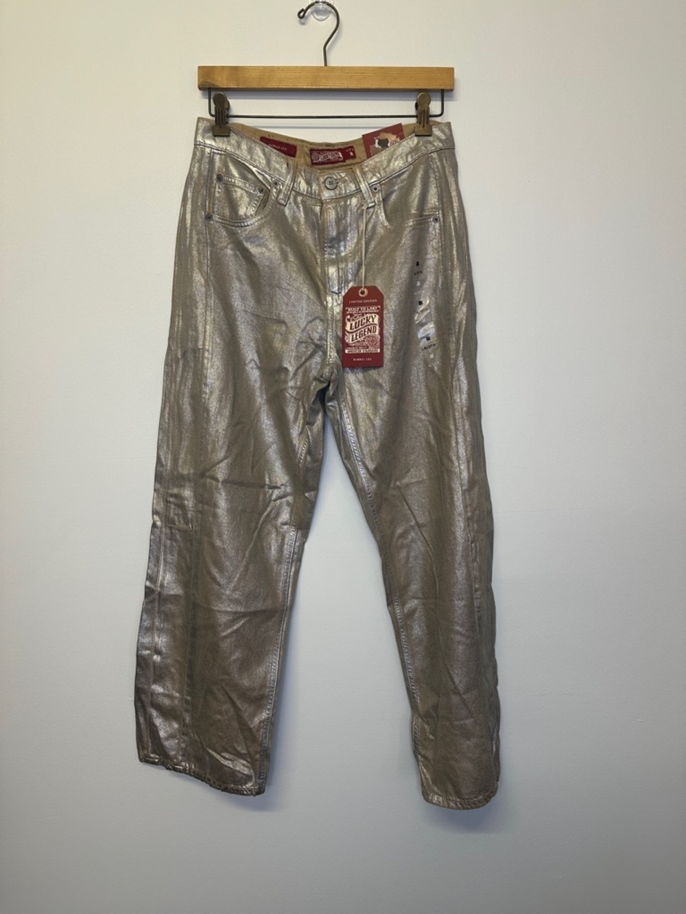 Lucky Legend Limited Edition Barrel Leg silver/gold metallic jeans size 4